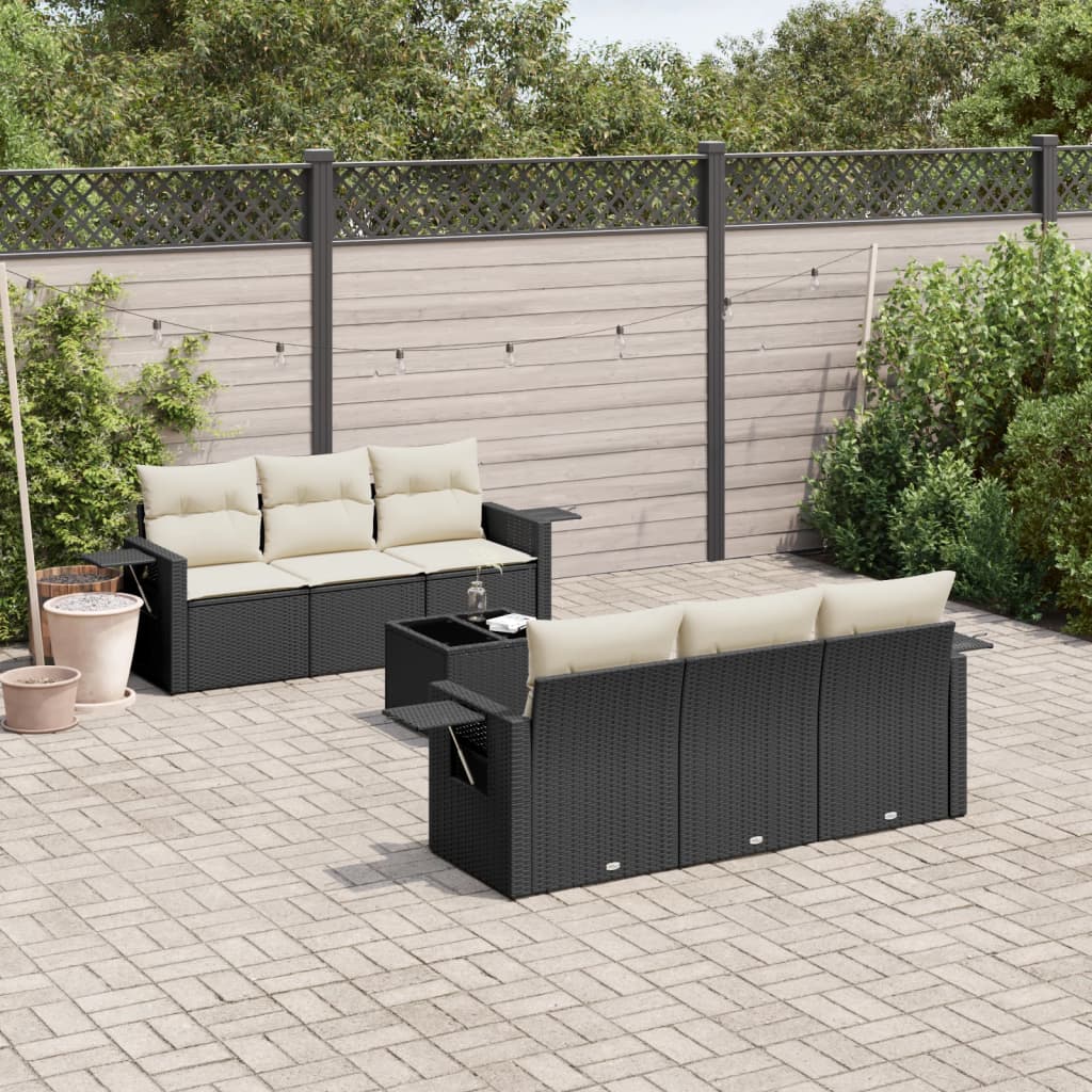 vidaXL 7-tlg. Garten-Sofagarnitur mit Kissen Schwarz Poly Rattan