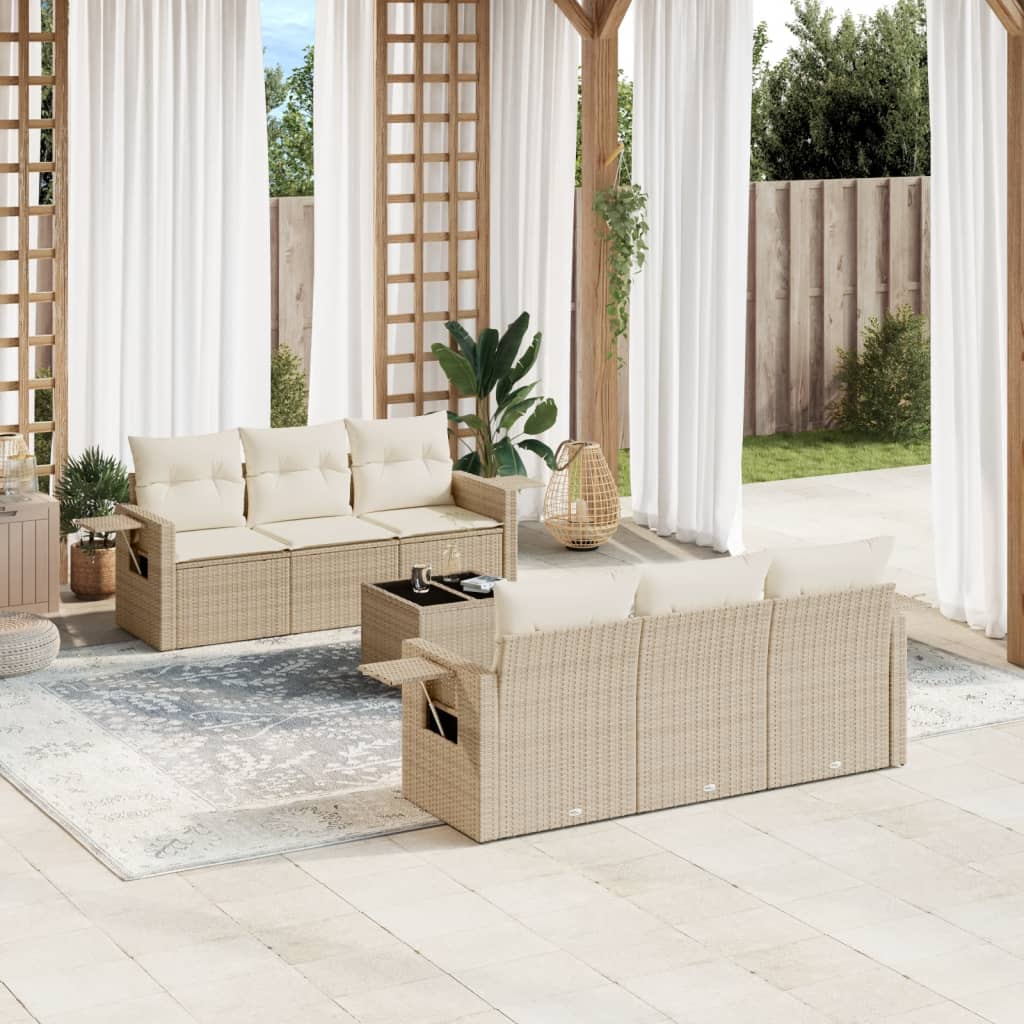 vidaXL 7-tlg. Garten-Sofagarnitur mit Kissen Beige Poly Rattan