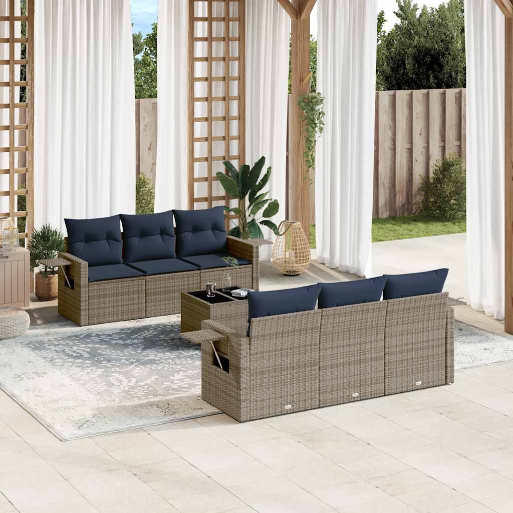 Havesofasæt i grå polyrattan - 7 dele med marineblå hynder