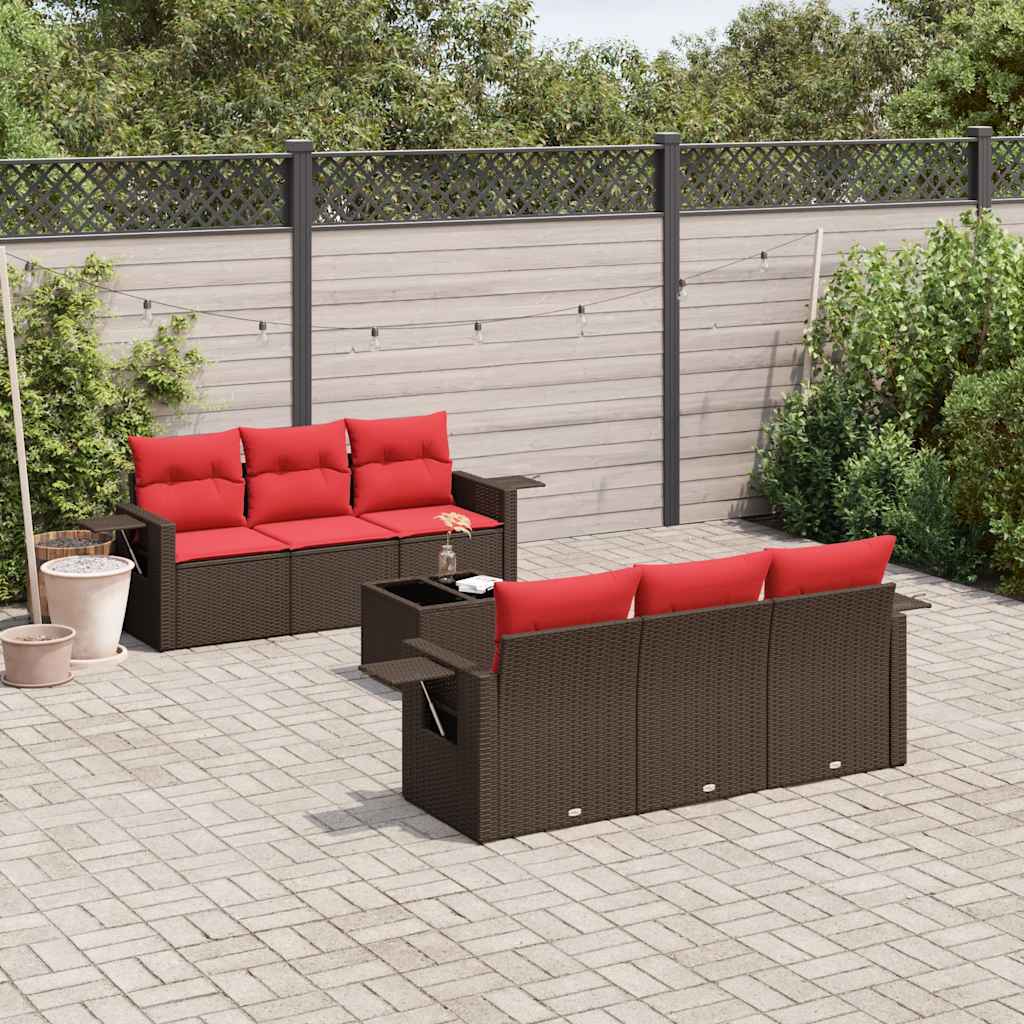 7 Piece Patio Sofa Set with Cushions Brown Poly Rattan
