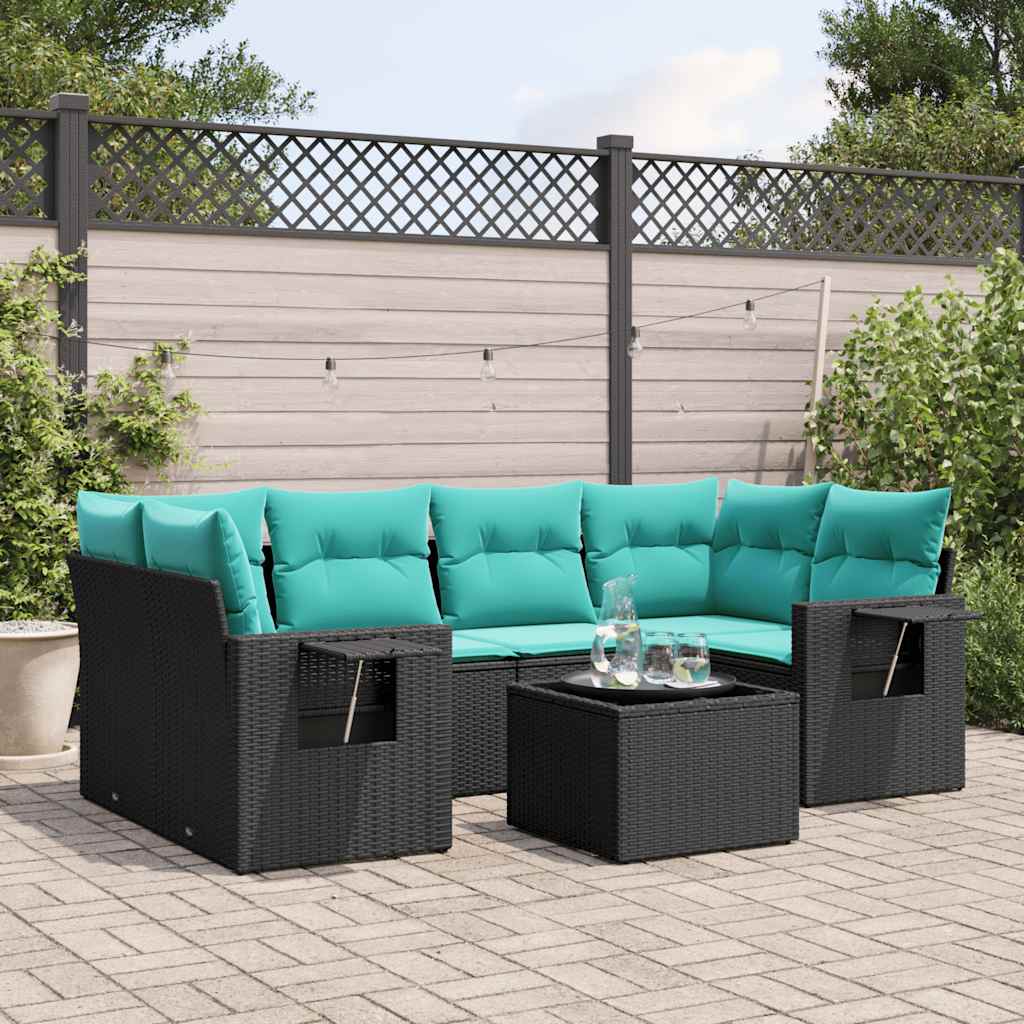 Havesofasæt i sort polyrattan med 7 blå hynder - modulært loungesæt