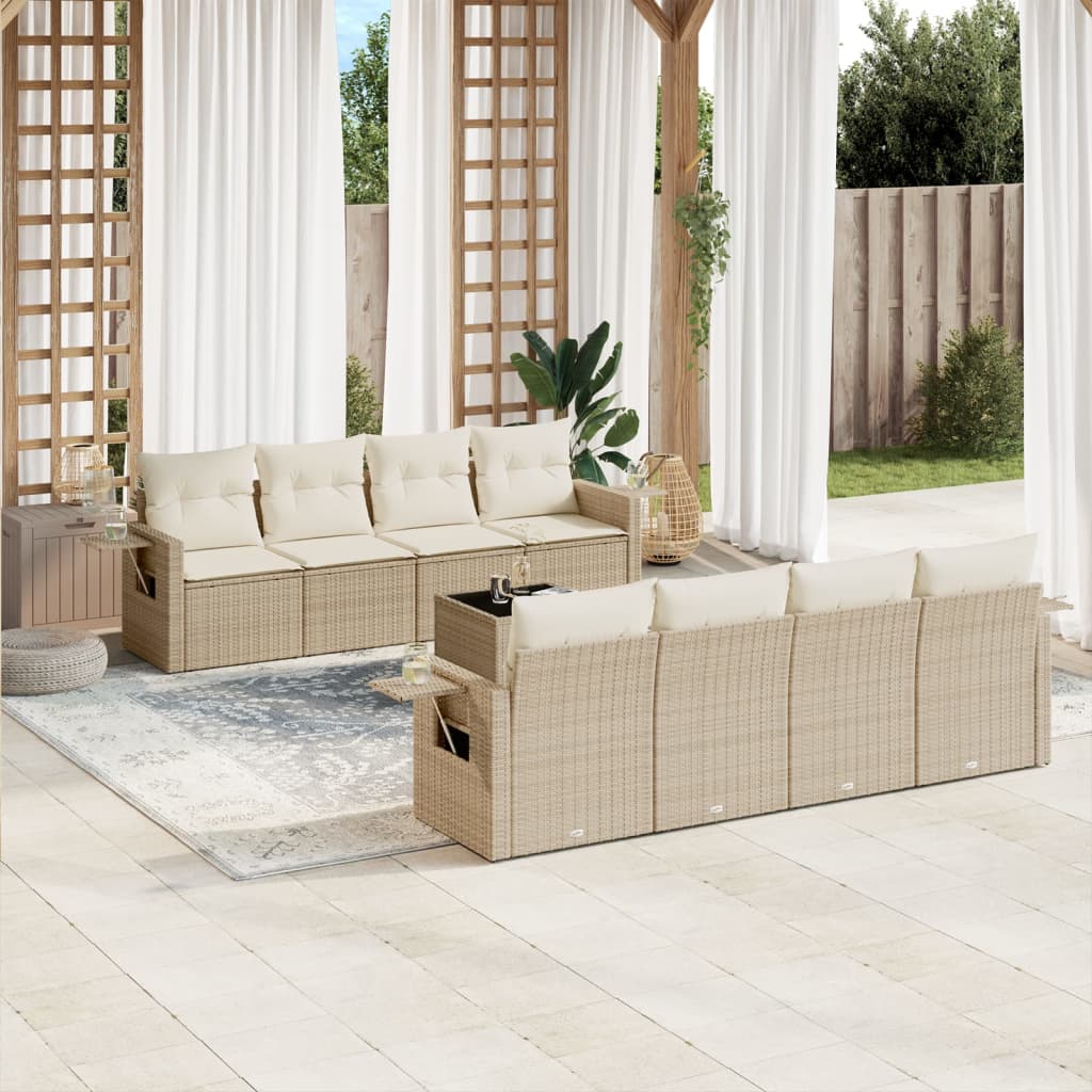 vidaXL 9-tlg. Garten-Sofagarnitur mit Kissen Beige Poly Rattan