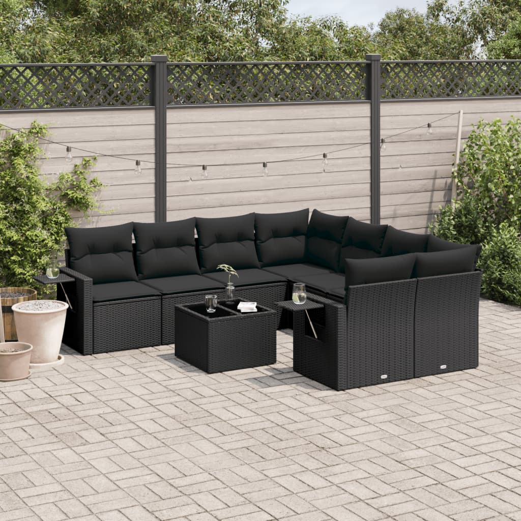 vidaXL 9-tlg. Garten-Sofagarnitur mit Kissen Schwarz Poly Rattan