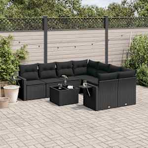 Vrtna sedežna garnitura 9-delna z blazinami črn poli ratan