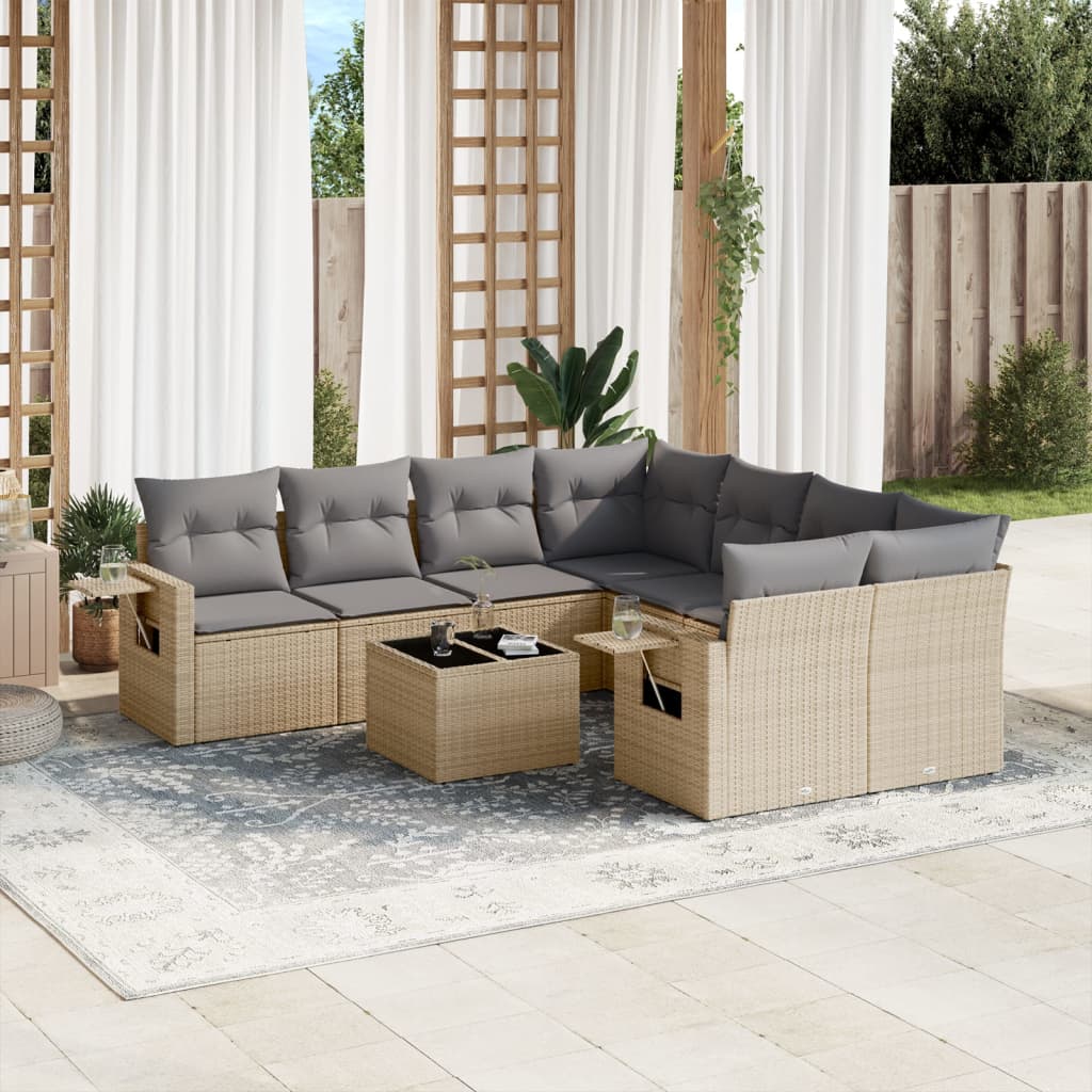 9-tlg. Garten-Sofagarnitur mit Kissen Beige Poly Rattan