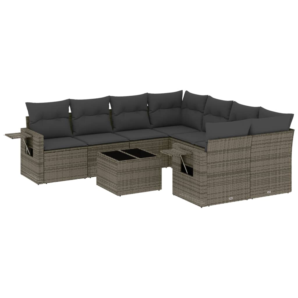 9 Piece Garden Sofa Set with Cushions Grey Poly Rattan 3219959