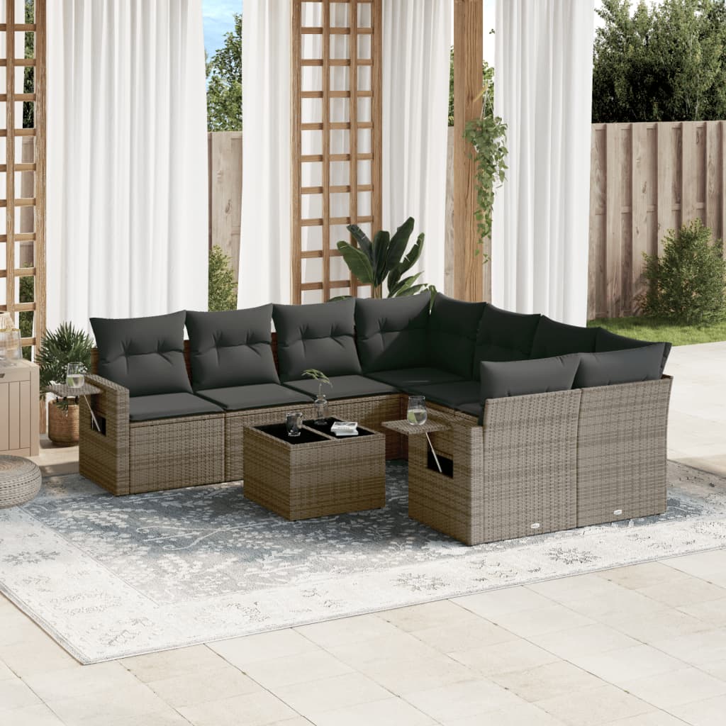 9 Piece Garden Sofa Set with Cushions Grey Poly Rattan 3219959