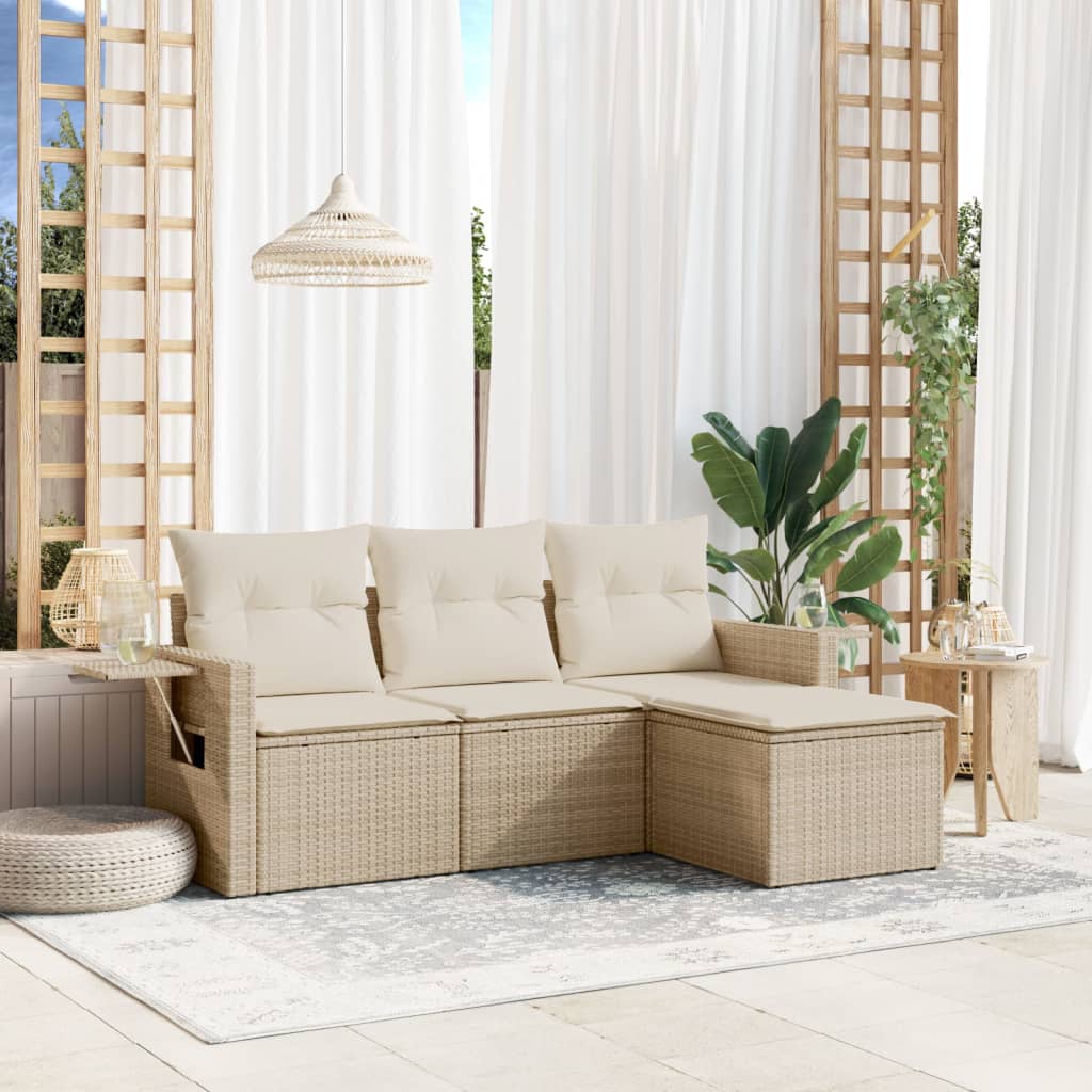 vidaXL 4-tlg. Garten-Sofagarnitur mit Kissen Beige Poly Rattan