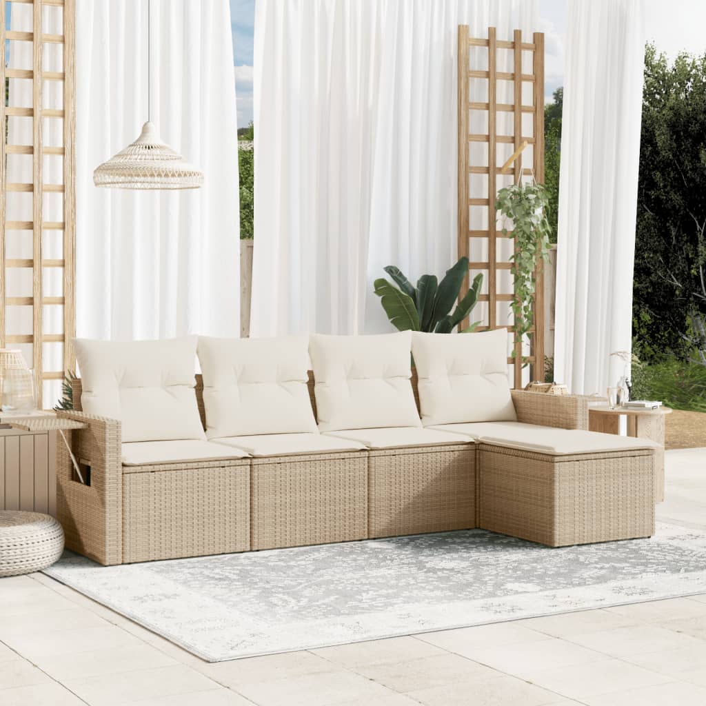 vidaXL 5-tlg. Garten-Sofagarnitur mit Kissen Beige Poly Rattan