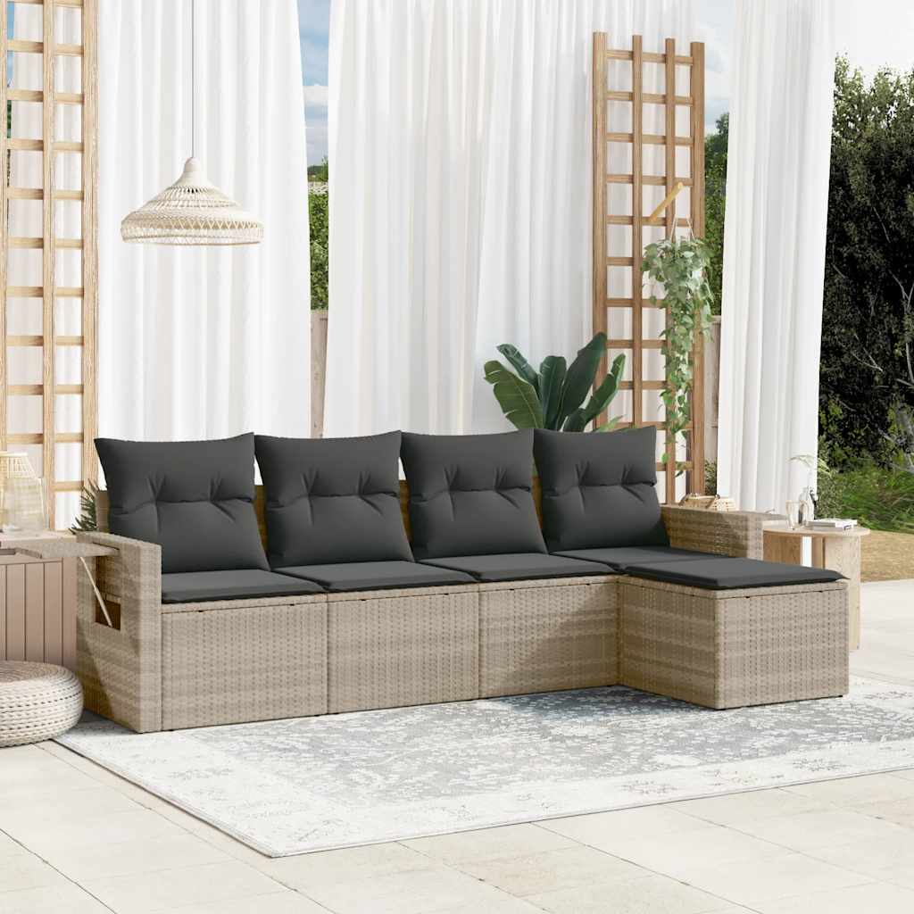 vidaXL 5-tlg. Garten-Sofagarnitur mit Kissen Hellgrau Poly Rattan