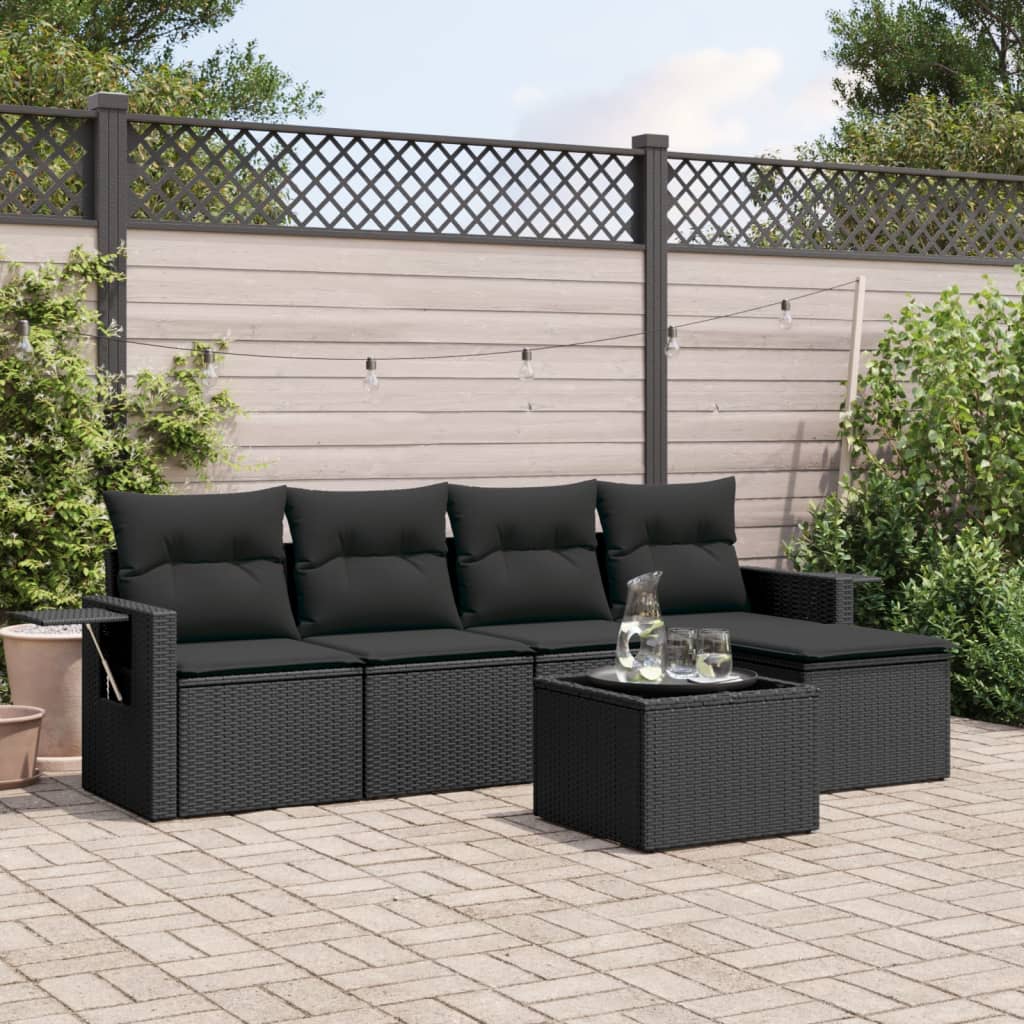 6-tlg. Garten-Sofagarnitur mit Kissen Schwarz Poly Rattan