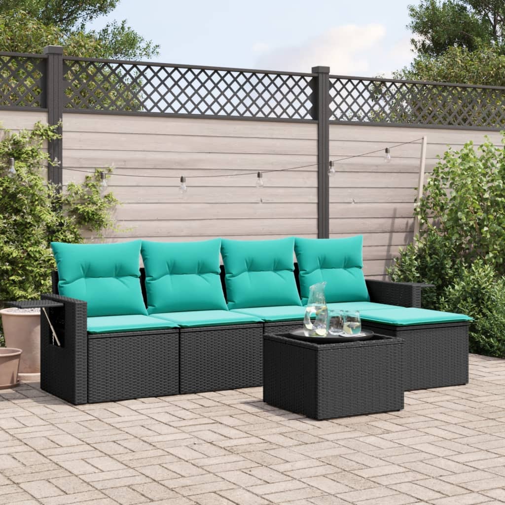 Havesofasæt i sort polyrattan med 6 blå hynder - modulopbygget loungesæt
