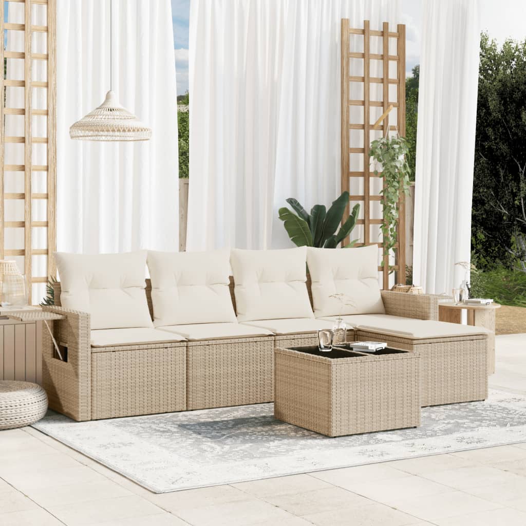 vidaXL 6-tlg. Garten-Sofagarnitur mit Kissen Beige Poly Rattan