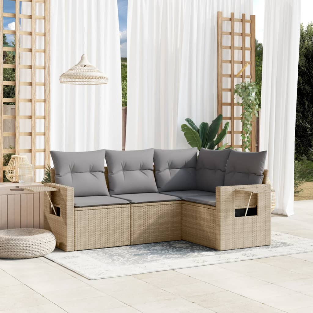 4-tlg. Garten-Sofagarnitur mit Kissen Beige Poly Rattan