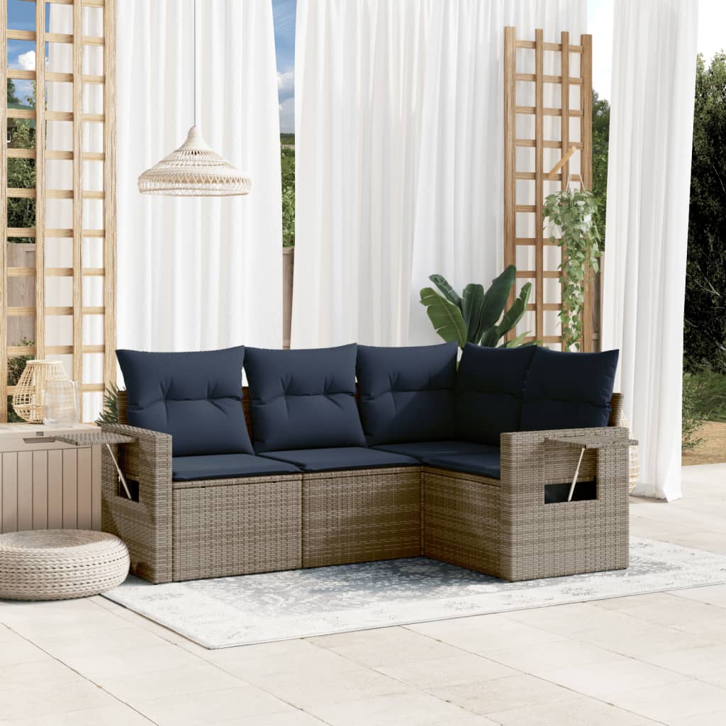 Havesofasæt med 4 dele i grå polyrattan med marineblå hynder