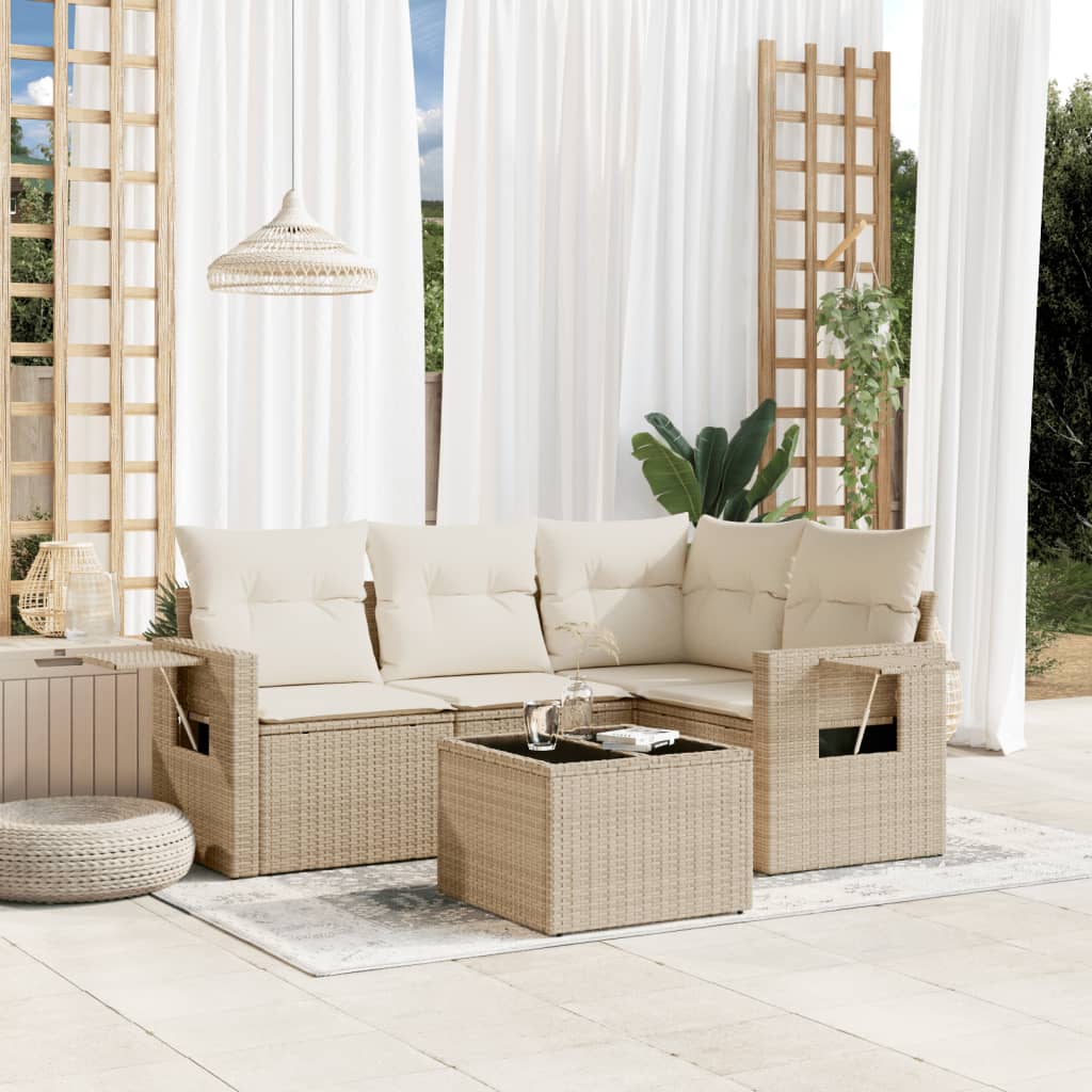 vidaXL 5-tlg. Garten-Sofagarnitur mit Kissen Beige Poly Rattan