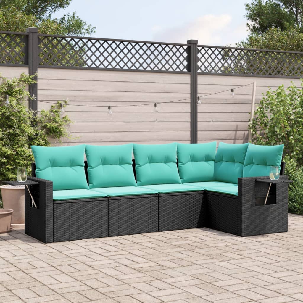 vidaXL havesofasæt med 5 dele og hynder sort polyrattan