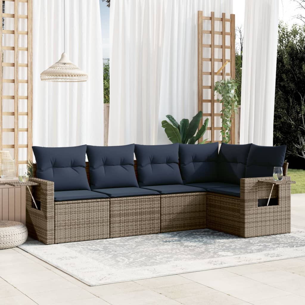 vidaXL 5-teiliges Gartensofa-Set mit Kissen, grau, Polyrattan