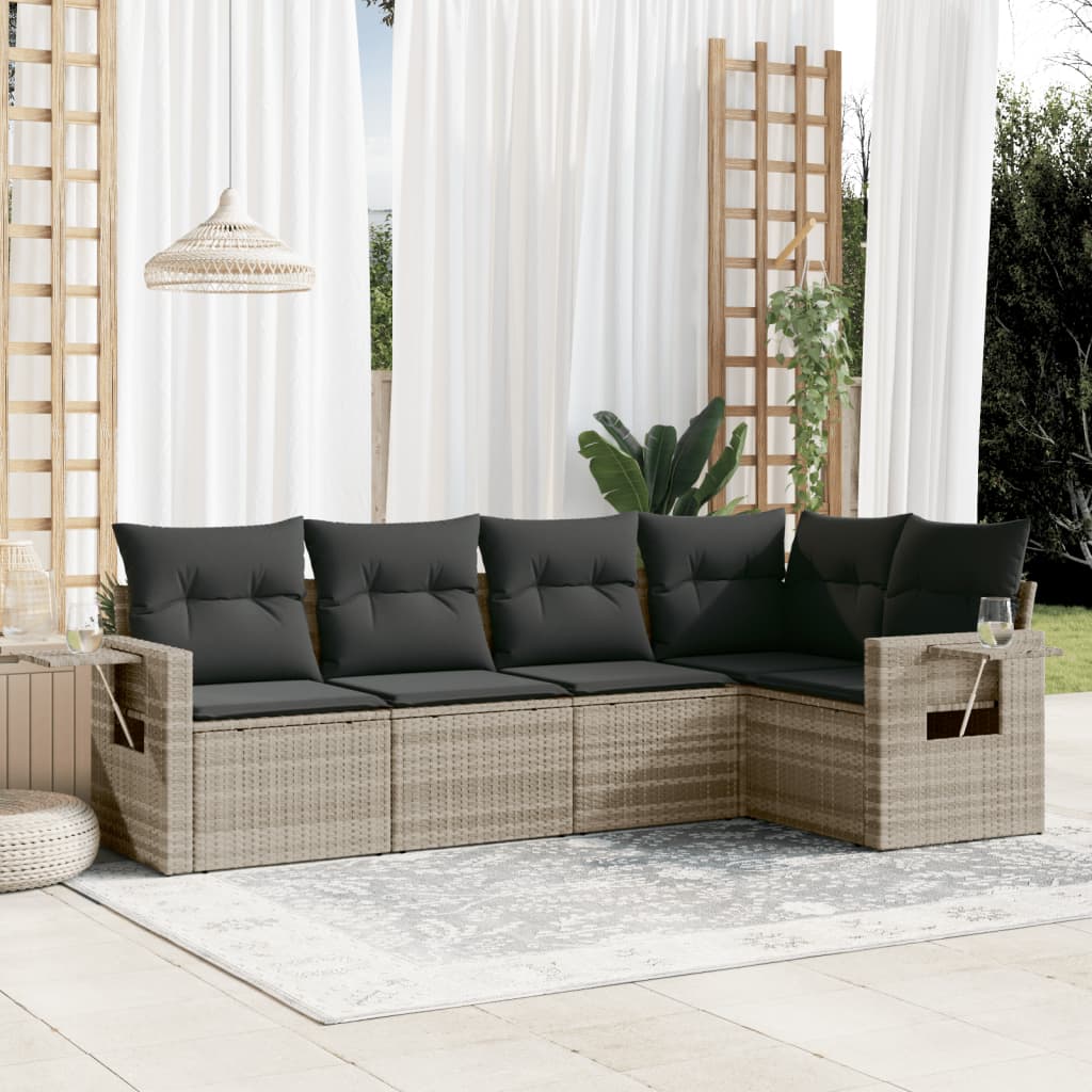 vidaXL 5-tlg. Garten-Sofagarnitur mit Kissen Hellgrau Poly Rattan