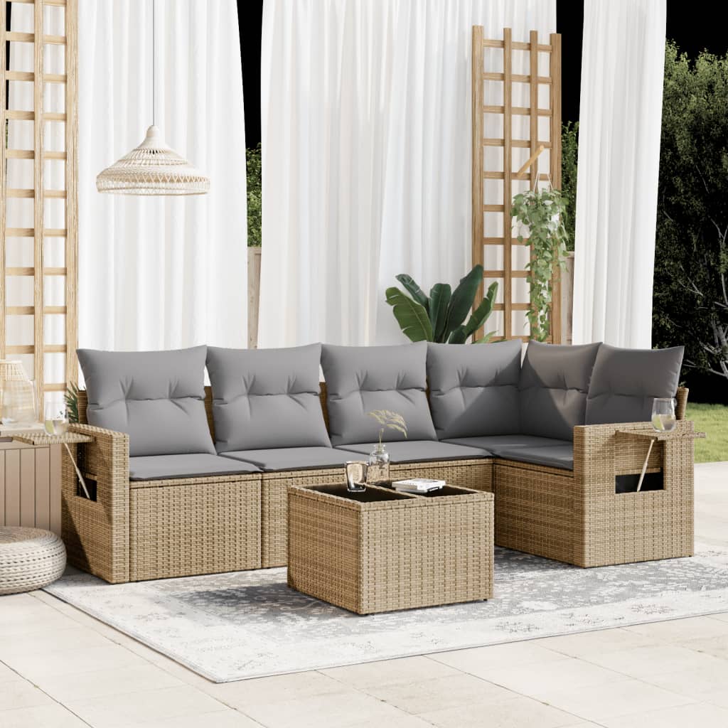 6-tlg. Garten-Sofagarnitur mit Kissen Beige Poly Rattan