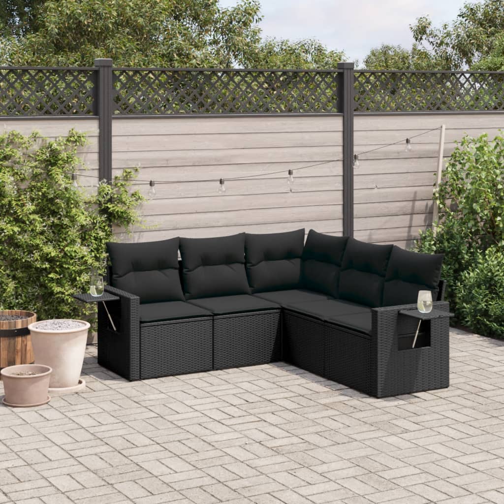 5-tlg. Garten-Sofagarnitur mit Kissen Schwarz Poly Rattan