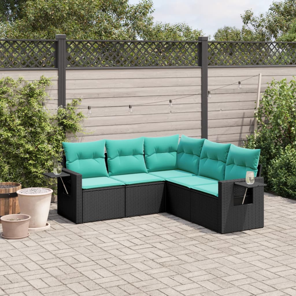 vidaXL havesofasæt med 5 dele og hynder sort polyrattan