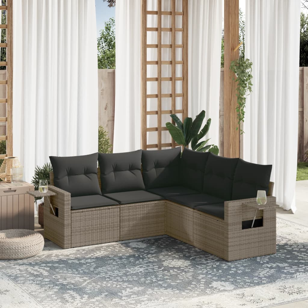 5-tlg. Garten-Sofagarnitur mit Kissen Grau Poly Rattan