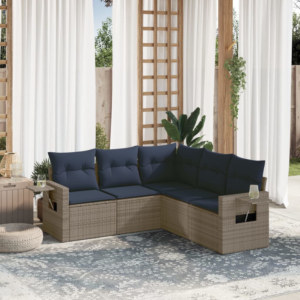 vidaXL 5-teiliges Gartensofa-Set mit Kissen, grau, Polyrattan