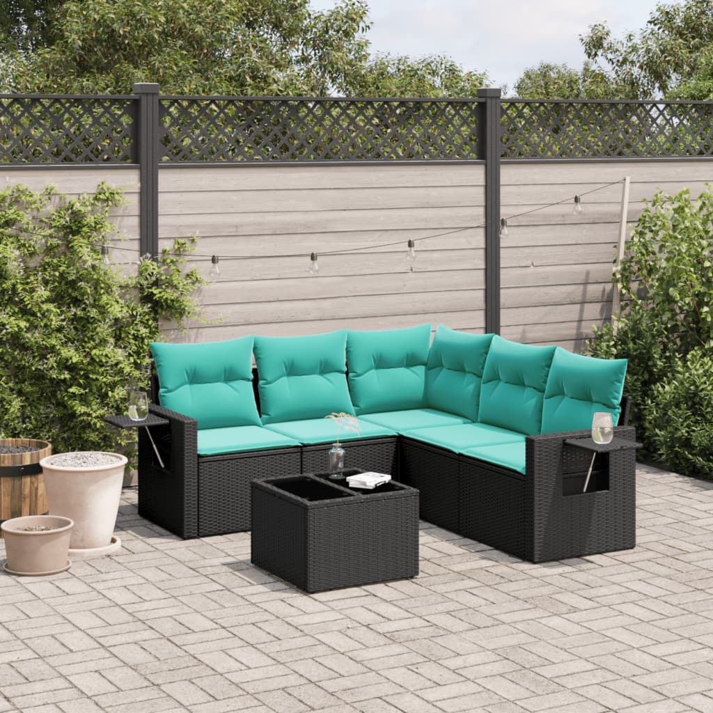 Havesofasæt i sort polyrattan med blå hynder - modulært hjørnesæt med bord