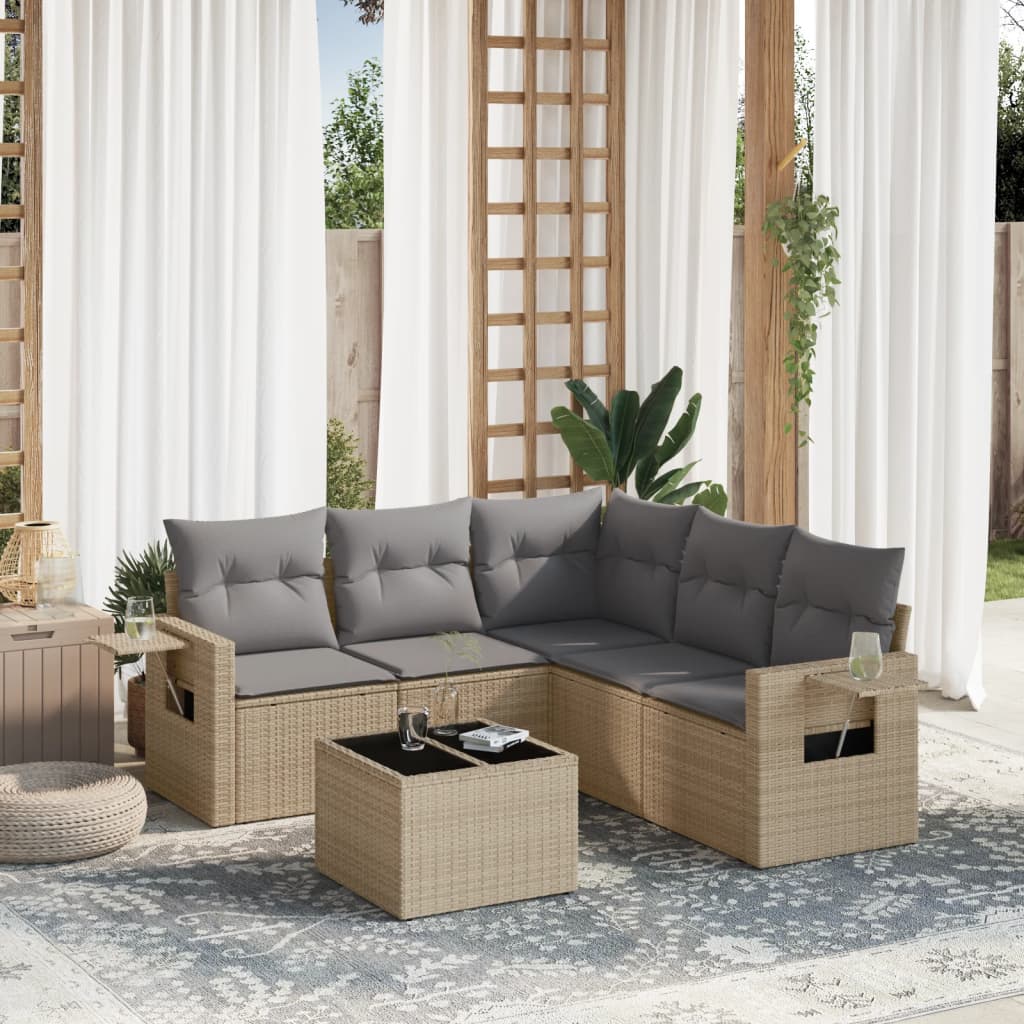 vidaXL 6-tlg. Garten-Sofagarnitur mit Kissen Beige Poly Rattan