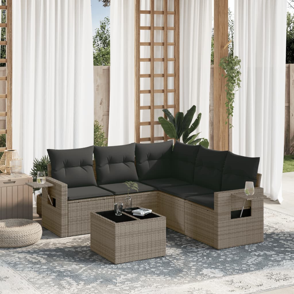 6-tlg. Garten-Sofagarnitur mit Kissen Grau Poly Rattan