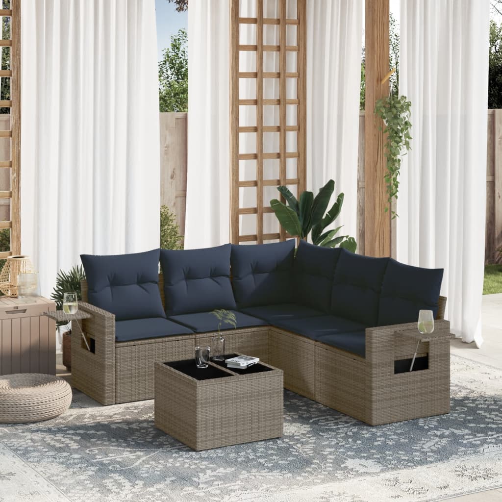 Havesofasæt i polyrattan - 6 dele med marineblå hynder, grå