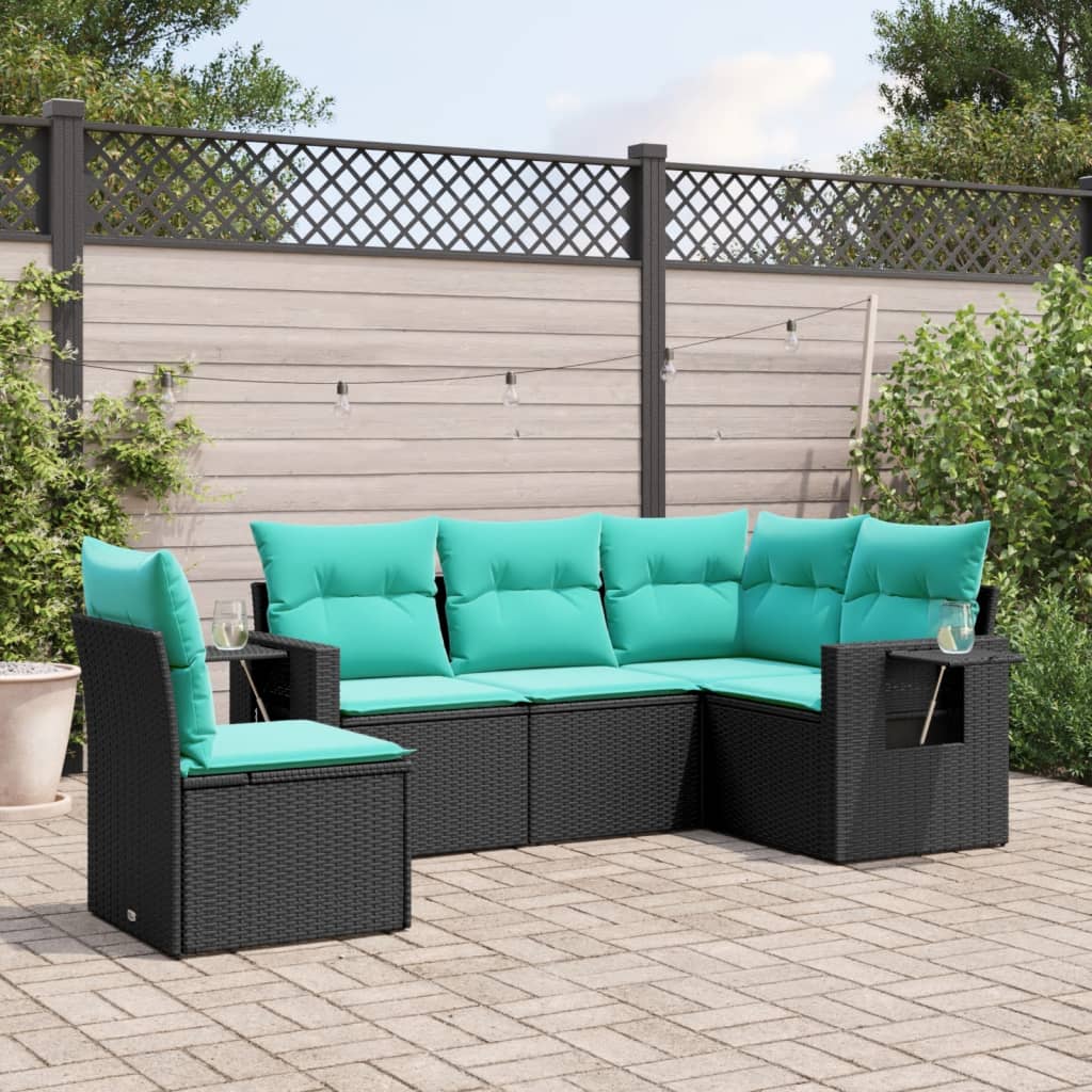 Havesofasæt i sort polyrattan med hynder - 5 dele, modulært