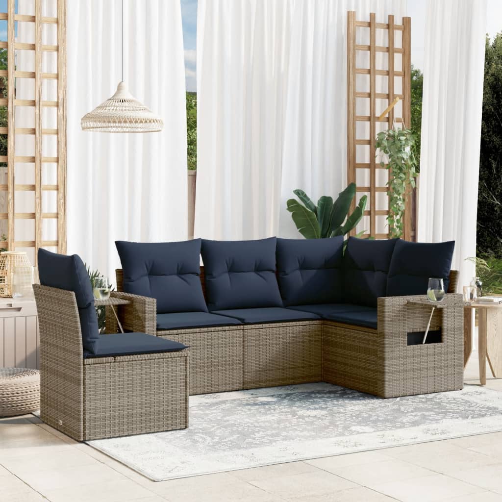 vidaXL 5-teiliges Gartensofa-Set mit Kissen, grau, Polyrattan