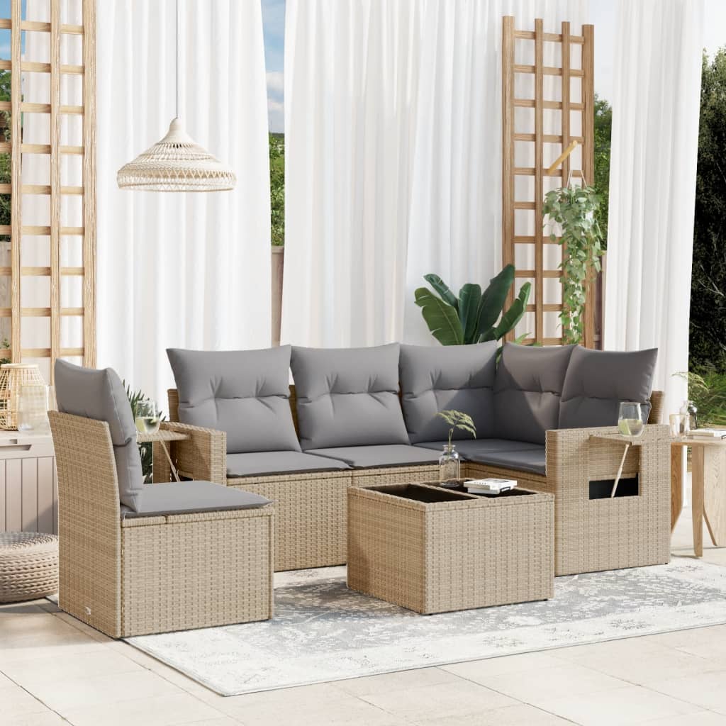 vidaXL 6-tlg. Garten-Sofagarnitur mit Kissen Beige Poly Rattan