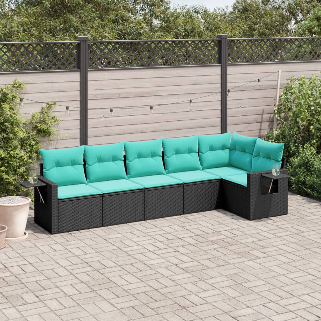 Havesofasæt i sort polyrattan med 6 blå hynder - modulært loungesæt med sideborde