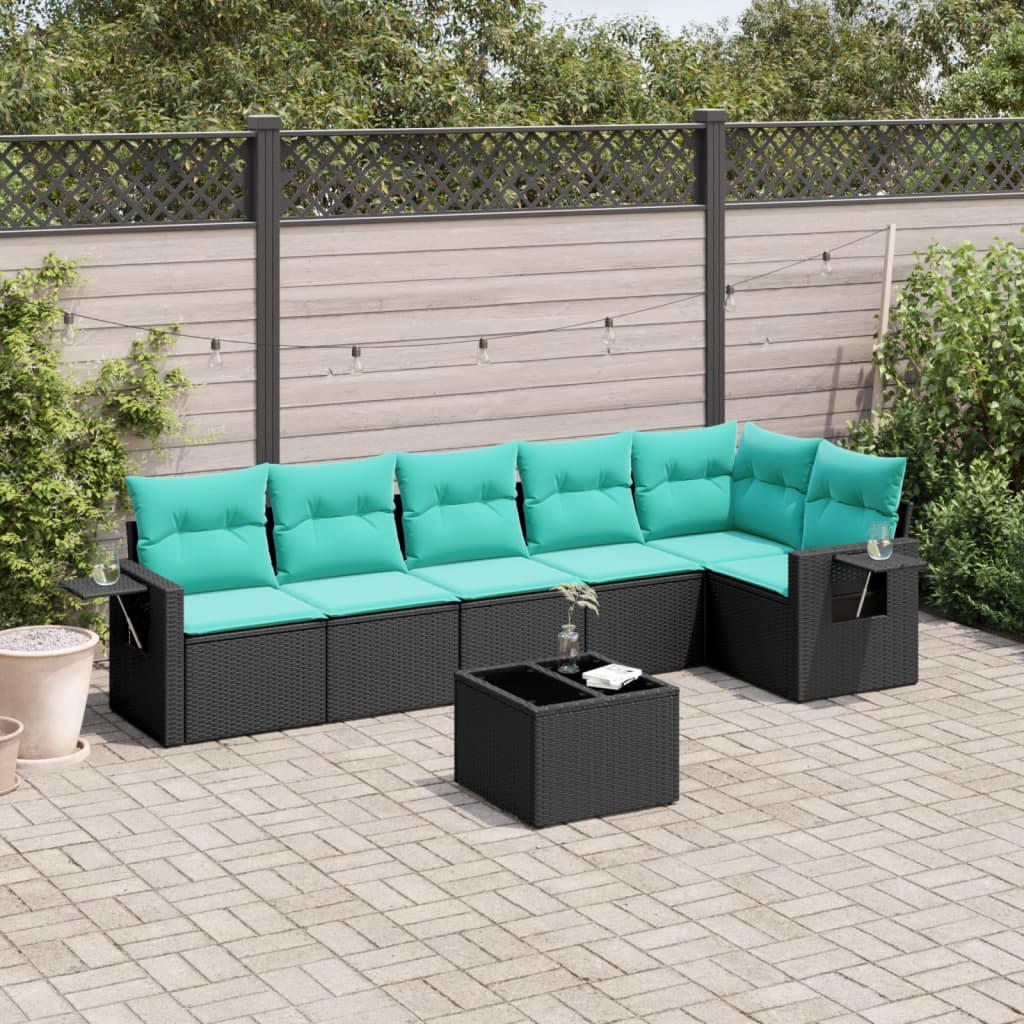 vidaXL 7-teiliges Gartensofa-Set mit Kissen, schwarzes Polyrattan