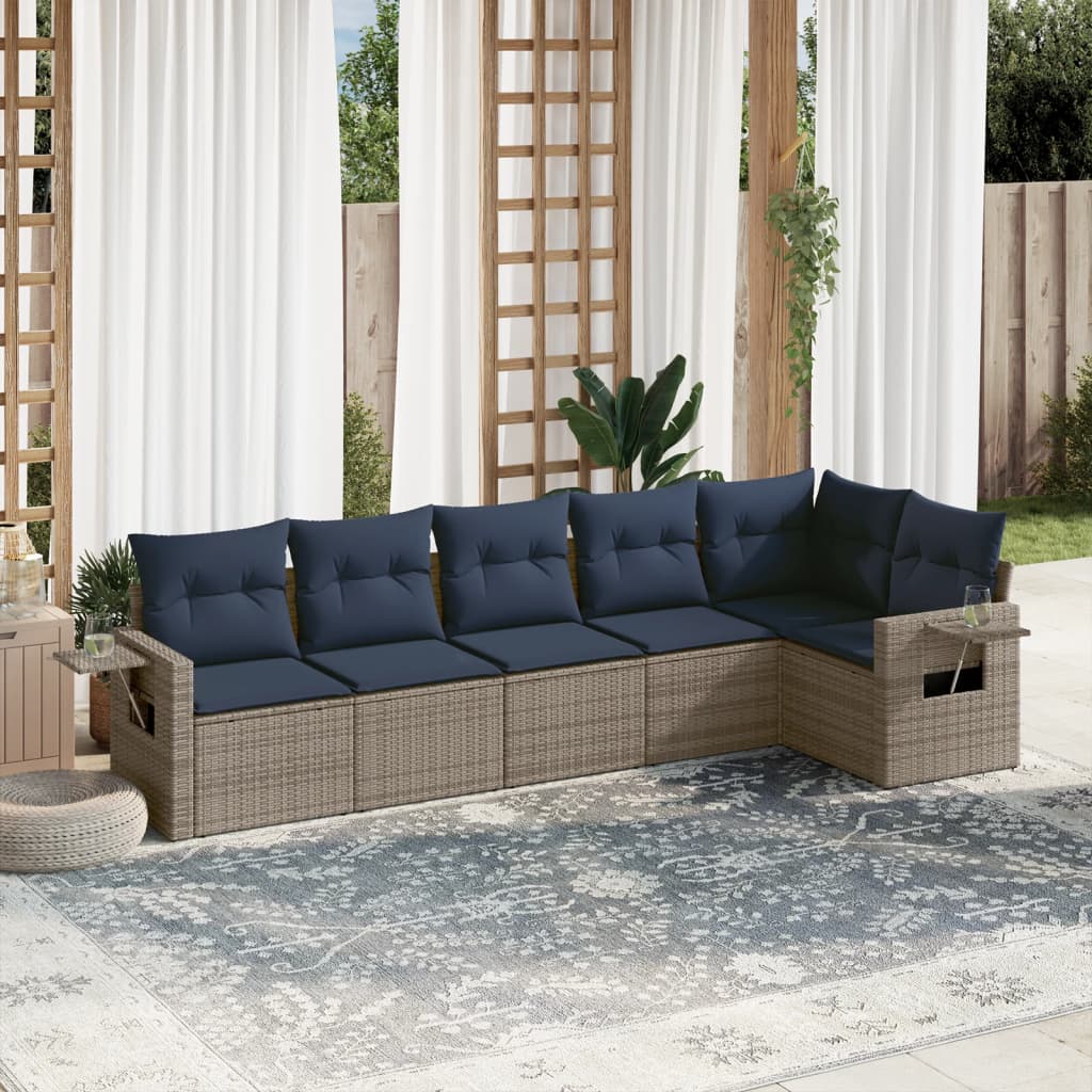 Havesofasæt i grå polyrattan - 7 dele med marineblå hynder