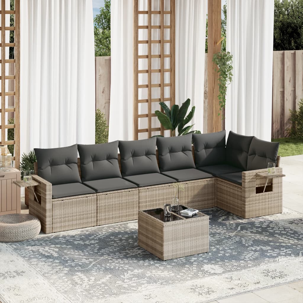 7-tlg. Garten-Sofagarnitur mit Kissen Hellgrau Poly Rattan