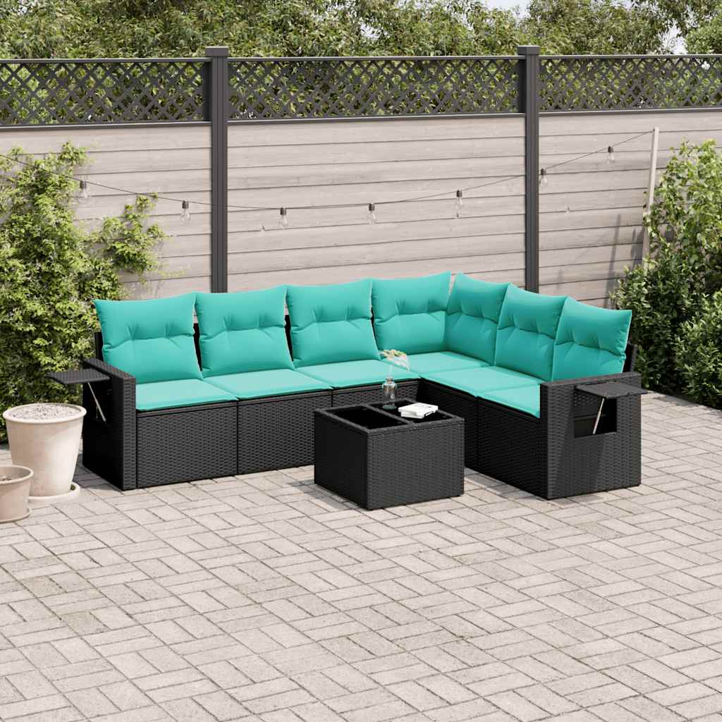 vidaXL 7-teiliges Gartensofa-Set mit Kissen, schwarzes Polyrattan