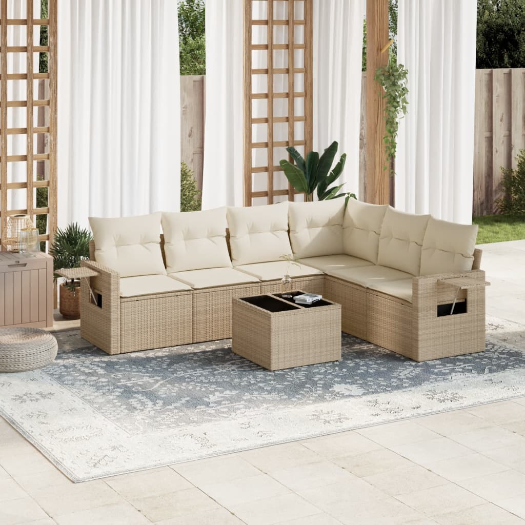 vidaXL 7-tlg. Garten-Sofagarnitur mit Kissen Beige Poly Rattan