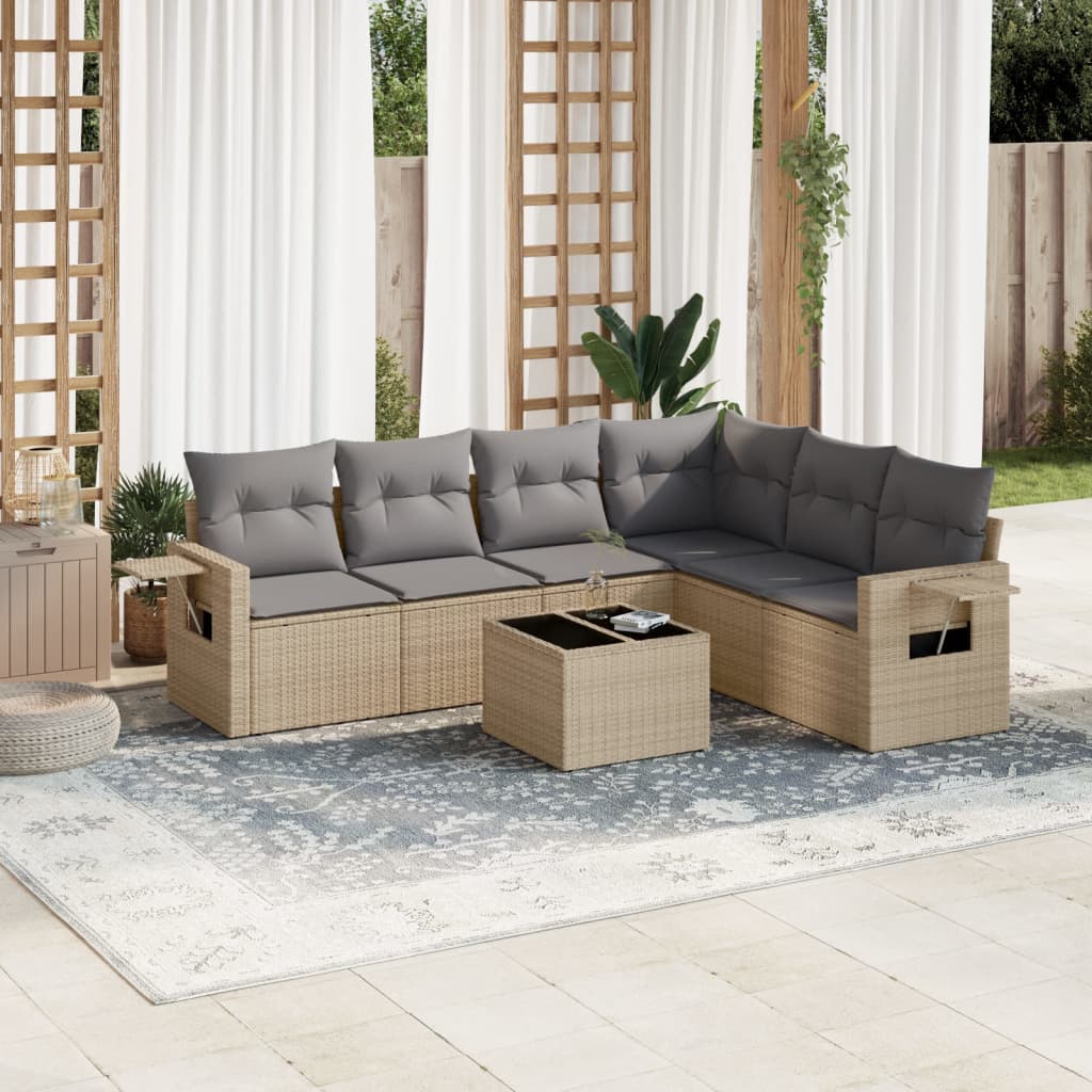 vidaXL 7-tlg. Garten-Sofagarnitur mit Kissen Beige Poly Rattan