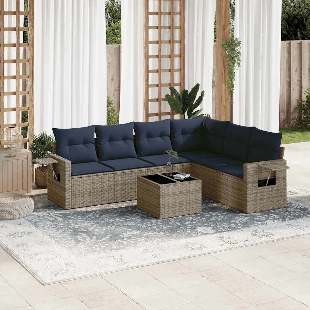 7 Piece Patio Sofa Set with Cushions Gray Poly Rattan
