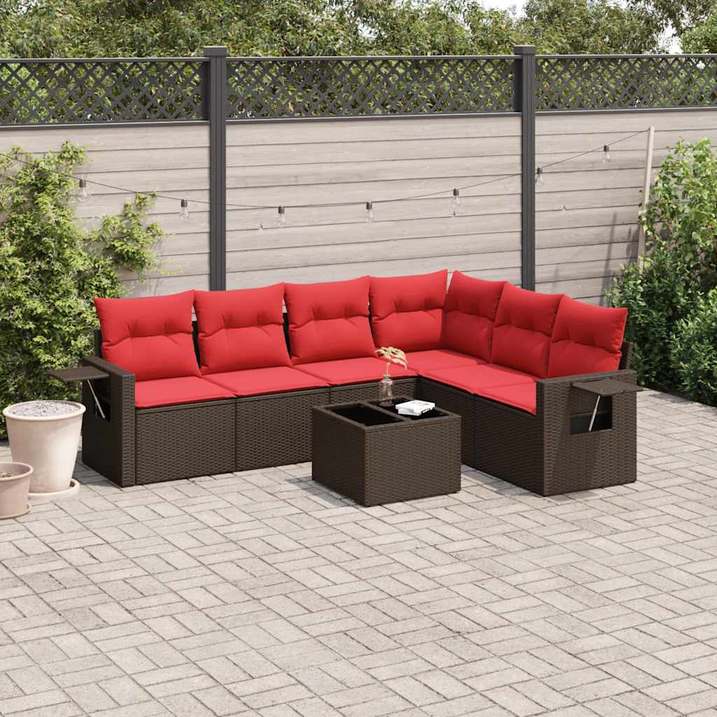 7 Piece Patio Sofa Set with Cushions Brown Poly Rattan