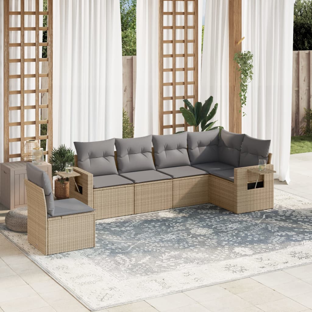 vidaXL 6-tlg. Garten-Sofagarnitur mit Kissen Beige Poly Rattan