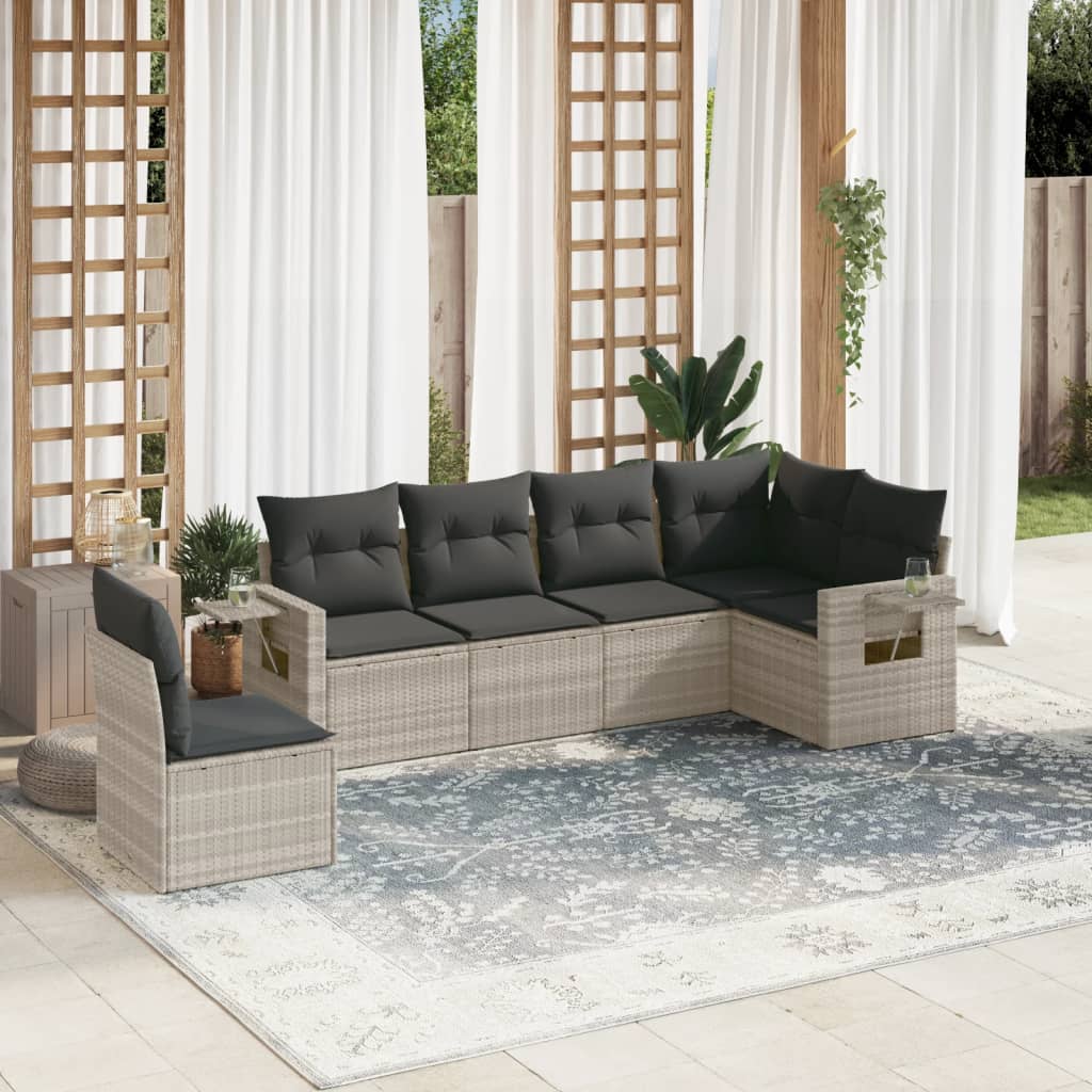 vidaXL 6-tlg. Garten-Sofagarnitur mit Kissen Hellgrau Poly Rattan