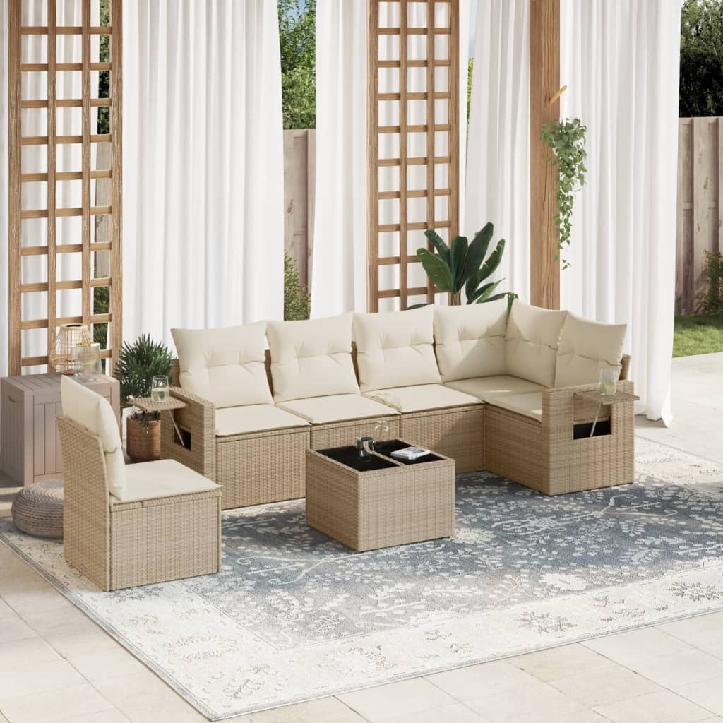 vidaXL 7-tlg. Garten-Sofagarnitur mit Kissen Beige Poly Rattan