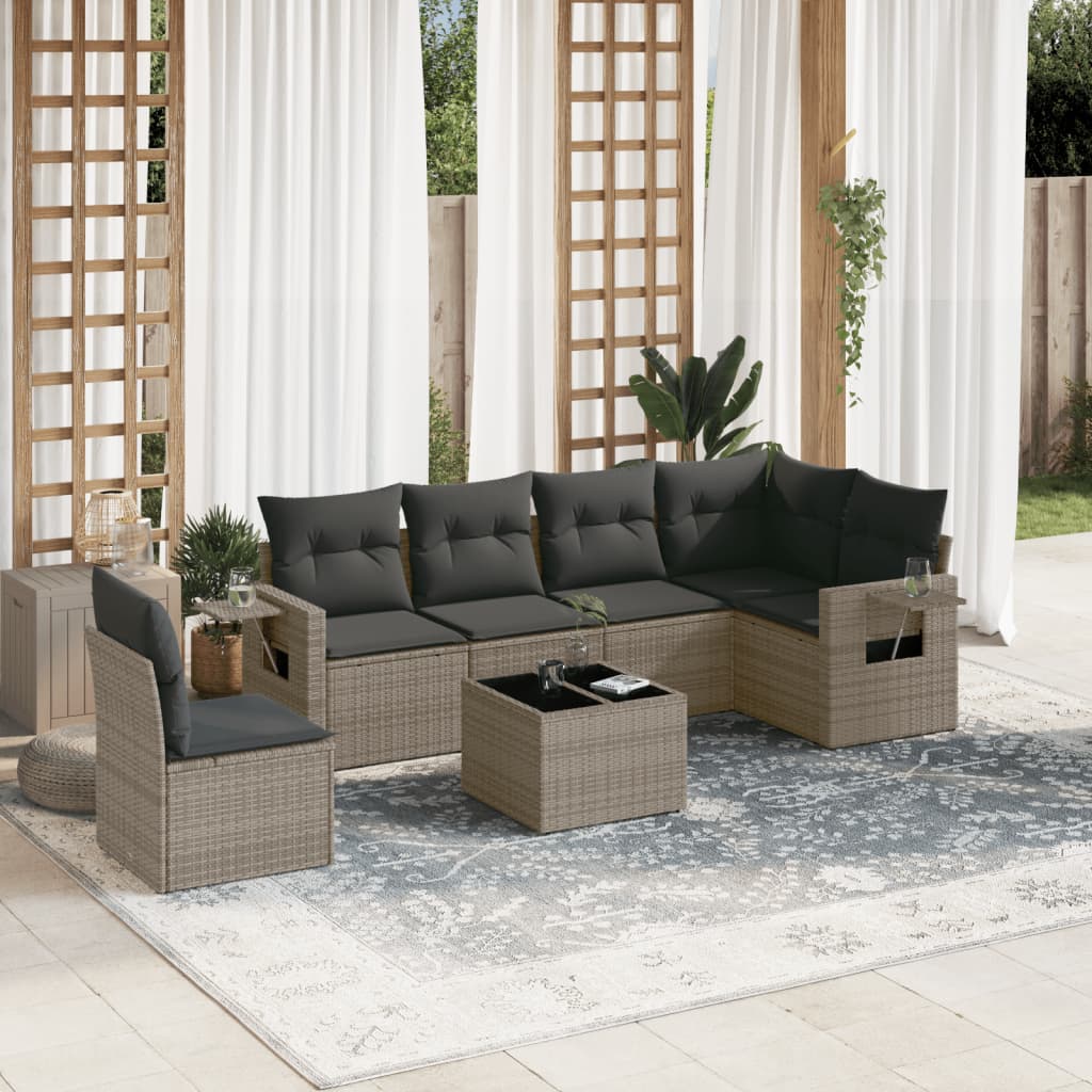 vidaXL 7-tlg. Garten-Sofagarnitur mit Kissen Grau Poly Rattan