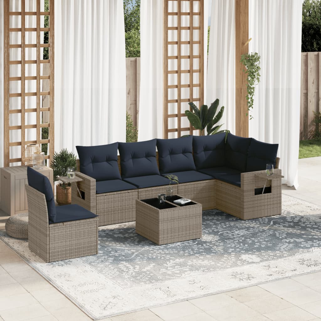 7 Piece Patio Sofa Set with Cushions Gray Poly Rattan
