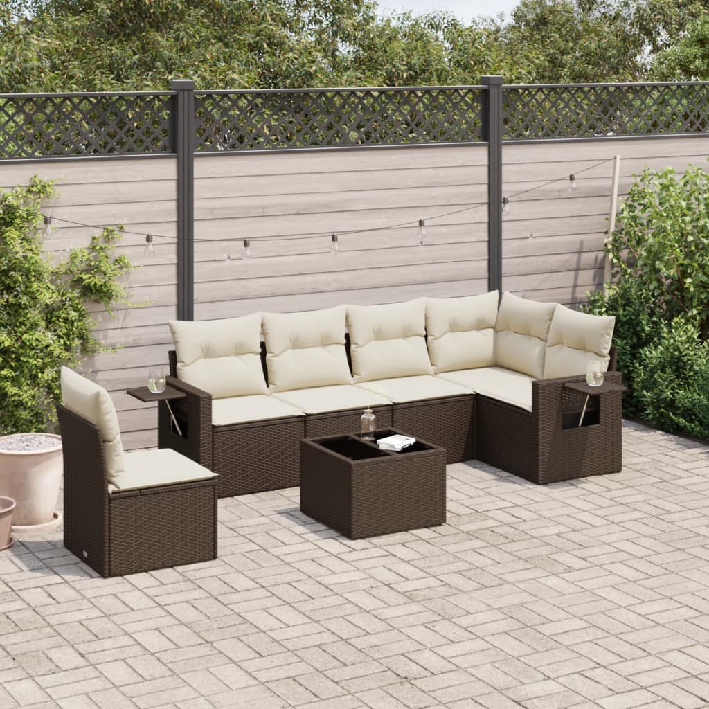 vidaXL 7-tlg. Garten-Sofagarnitur mit Kissen Braun Poly Rattan